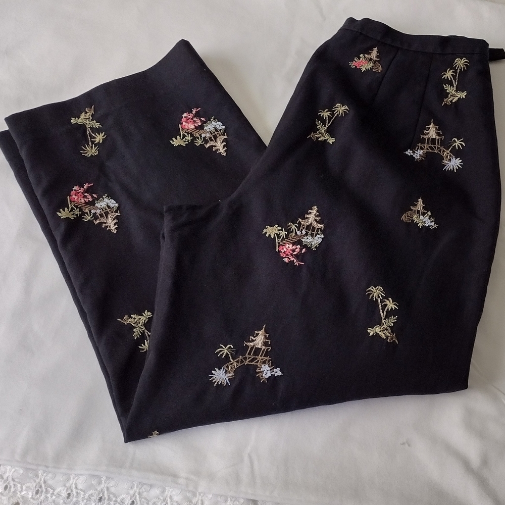 Talbots Black Embroidered Pagoda Palm Tree Print Pants Silk Cotton Blend Size 6